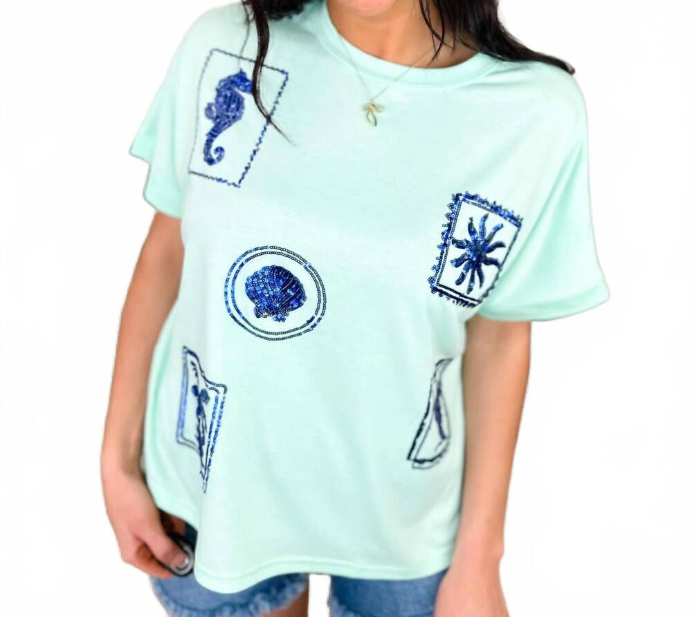 NEW JESS LEA stamped by the sea sequin short sleeve top in green